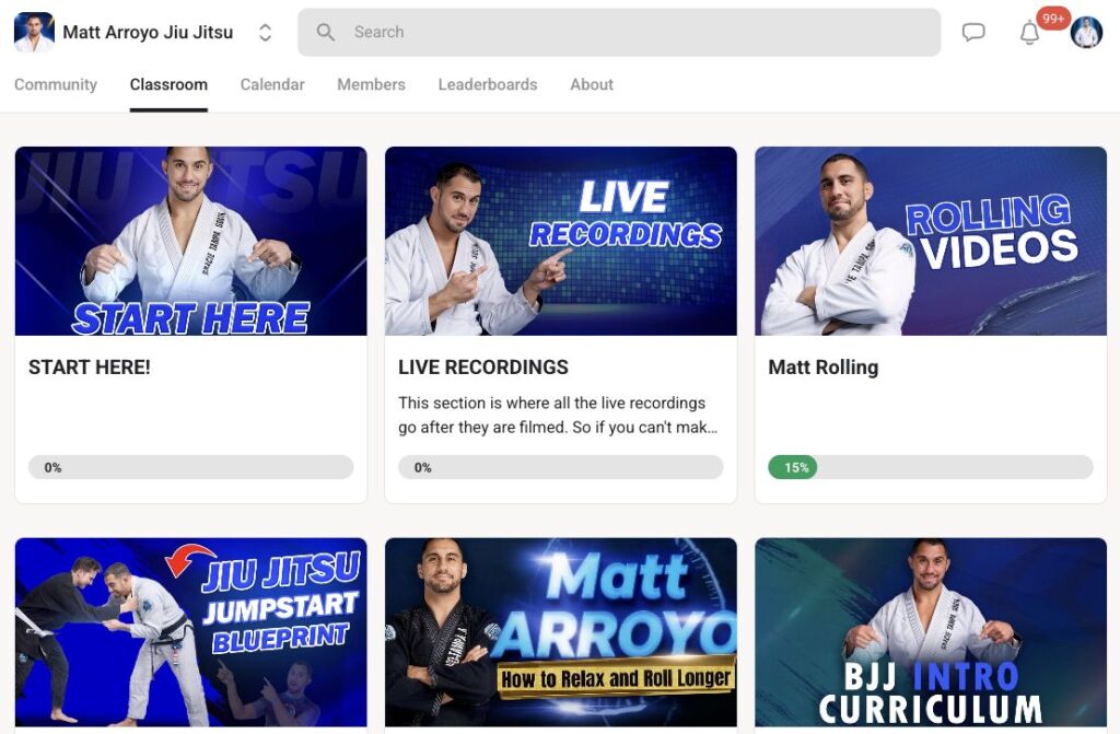 Matt Arroyo’s Skool Academy classroom showing BJJ courses and live recordings
